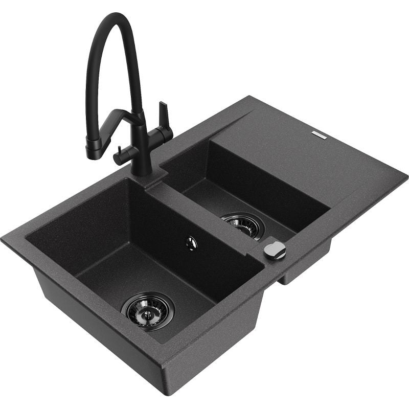 Granitsænke 1,5-kammer Mexen Gaspar med afløbsplade og Duo køkkenarmatur, sort med prikker, 1 sæt