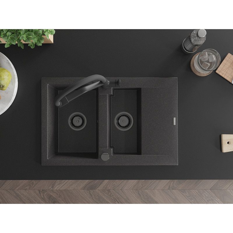 Granitsænke 1,5-kammer Mexen Gaspar med afløbsplade og Duo køkkenarmatur, sort med prikker, 1 sæt