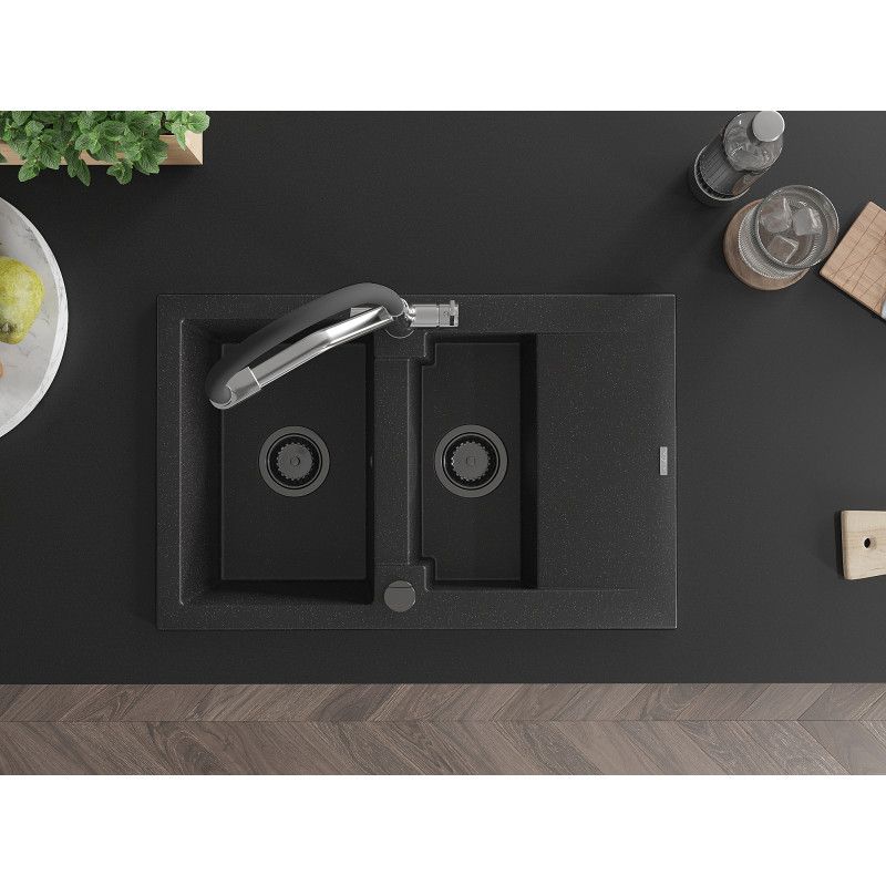 Granitsink 1,5-kammer Mexen Gaspar med afløbsplade og Duo køkkenarmatur, sort/sølv, 1 sæt