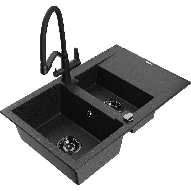 Granitsænke 1,5-kammers Mexen Gaspar med afløbsbakke og Duo køkkenarmatur, sort/sølv, 1 sæt