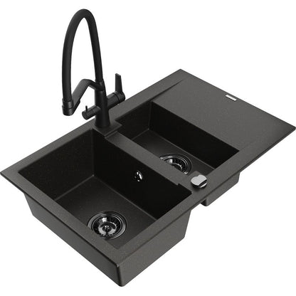 Granitsænke 1,5-kammer Mexen Gaspar med afløbsplade og Duo køkkenarmatur, sort/guldmetallic, 1 sæt