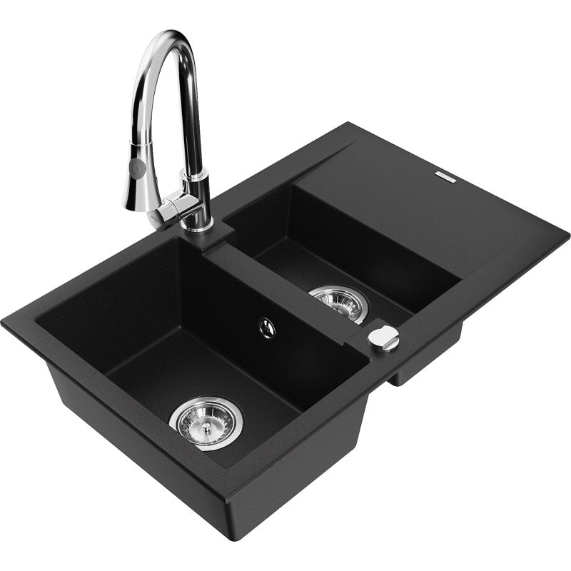 Granitsænke Mexen Gaspar 1,5-kammers med afløbsplade og Elia køkkenarmatur i sort, 1 sæt