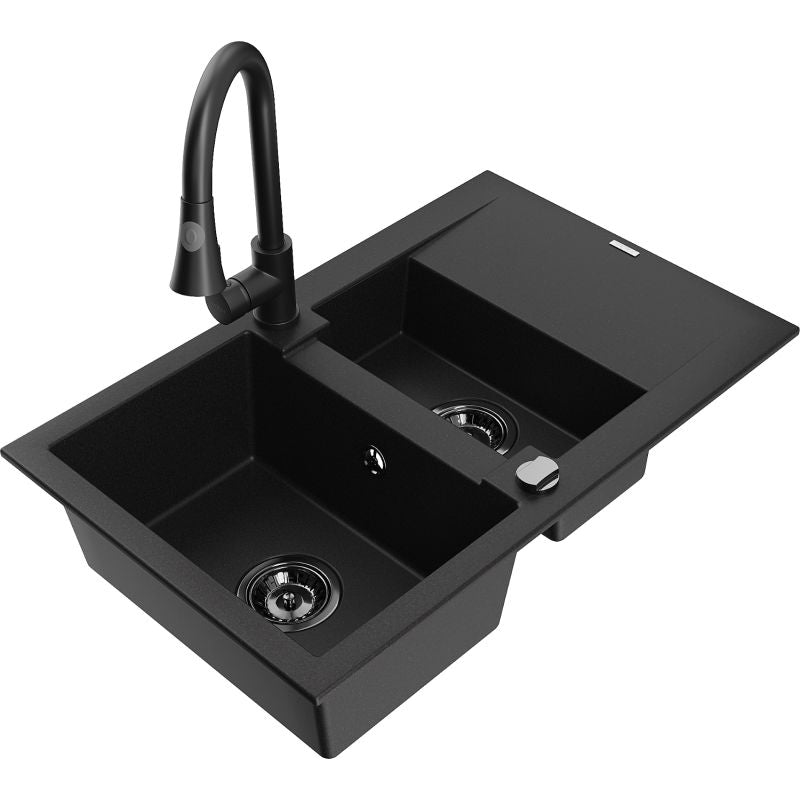 Granitsænke 1,5-kammer Mexen Gaspar med afløbsrende og sort Elia køkkenarmatur, 1 sæt