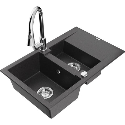 Granitsæbe 1,5-kammer Mexen Gaspar med afløbsplade og Elia køkkenarmatur, sort med prikker, 1 sæt