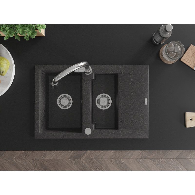Granitsæbe 1,5-kammer Mexen Gaspar med afløbsplade og Elia køkkenarmatur, sort med prikker, 1 sæt