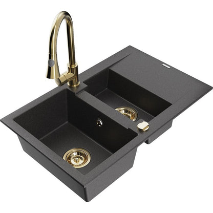 Granitsæbe 1,5-kammer Mexen Gaspar med afløbsplade og Elia køkkenbatteri i sort med prikker, 1 sæt