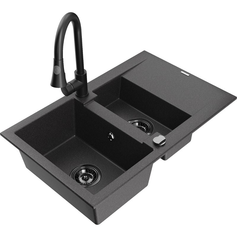 Granitsænke 1,5-kammer Mexen Gaspar med afløbsplade og Elia køkkenarmatur i sort med prikker, 1 sæt