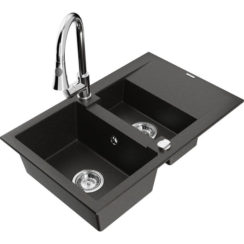 Granitsink 1,5-kammer Mexen Gaspar med afløbsbakke og Elia køkkenarmatur i sort/guld metalik, 1 sæt