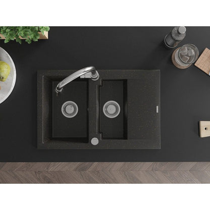 Granitsink 1,5-kammer Mexen Gaspar med afløbsbakke og Elia køkkenarmatur i sort/guld metalik, 1 sæt