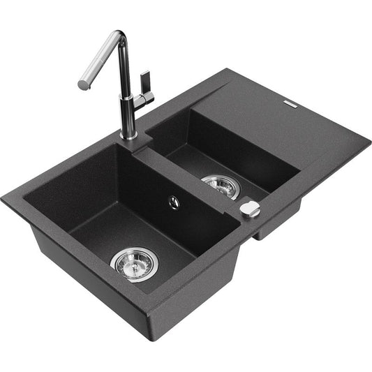 Mexen Gaspar granitvask 1,5-kammer med afløbsplade og Flora køkkenarmatur, sort med prikker, 1 sæt