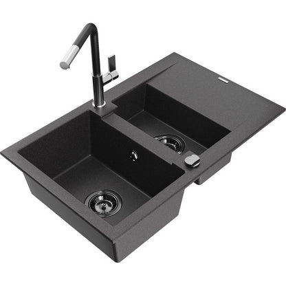 Mexen Gaspar granitvask 1,5-kammers med afløbsplade og Flora køkkenarmatur, sort spraglet, 1 sæt