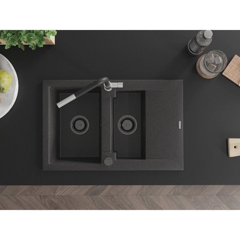 Mexen Gaspar granitvask 1,5-kammers med afløbsplade og Flora køkkenarmatur, sort spraglet, 1 sæt