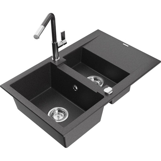 Granitsænke Mexen Gaspar 1,5-kammer med afløbsplade og Flora køkkenarmatur, sort med prikker, 1 sæt