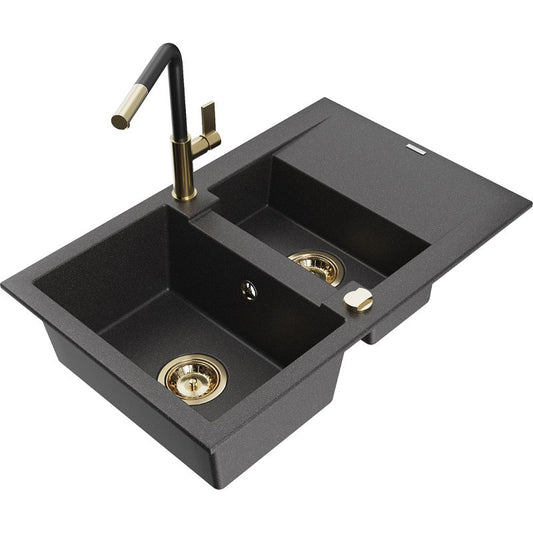 Granitsæbe 1,5-kammers Mexen Gaspar med afløbsbakke og Flora køkkenarmatur, sort med prikker, 1 sæt