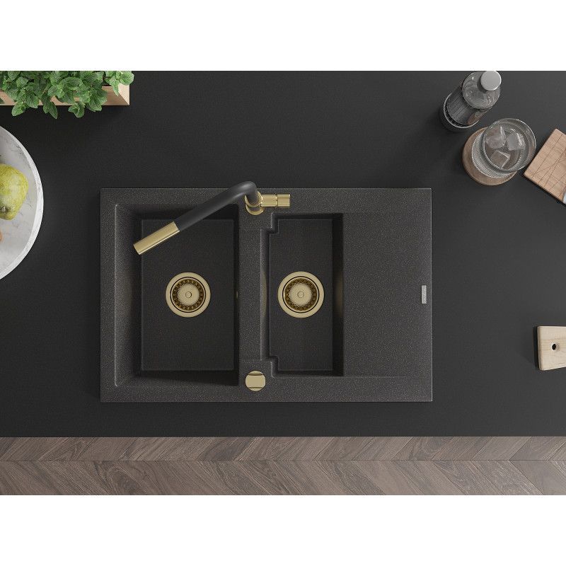 Granitsæbe 1,5-kammers Mexen Gaspar med afløbsbakke og Flora køkkenarmatur, sort med prikker, 1 sæt