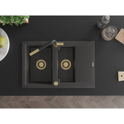 Granitsæbe 1,5-kammers Mexen Gaspar med afløbsbakke og Flora køkkenarmatur, sort med prikker, 1 sæt