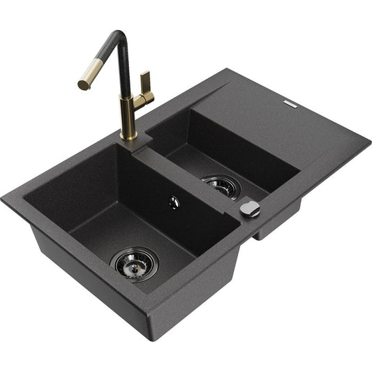 Granitsænke Mexen Gaspar 1,5-kammer med afløb og Flora køkkenarmatur, sort spraglet, 1 sæt