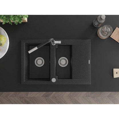 Granitsænke 1,5-kammer Mexen Gaspar med afløbsbakke og Flora køkkenarmatur sort/sølv 1 sæt