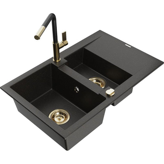 Granitsænke 1,5-kammer Mexen Gaspar med afløbsplade og Flora køkkenarmatur i sort/guld, 1 sæt