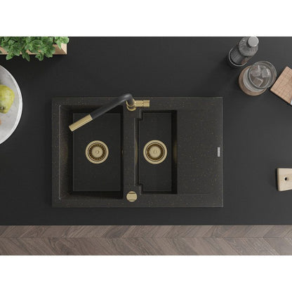 Granitsænke 1,5-kammer Mexen Gaspar med afløbsplade og Flora køkkenarmatur i sort/guld, 1 sæt