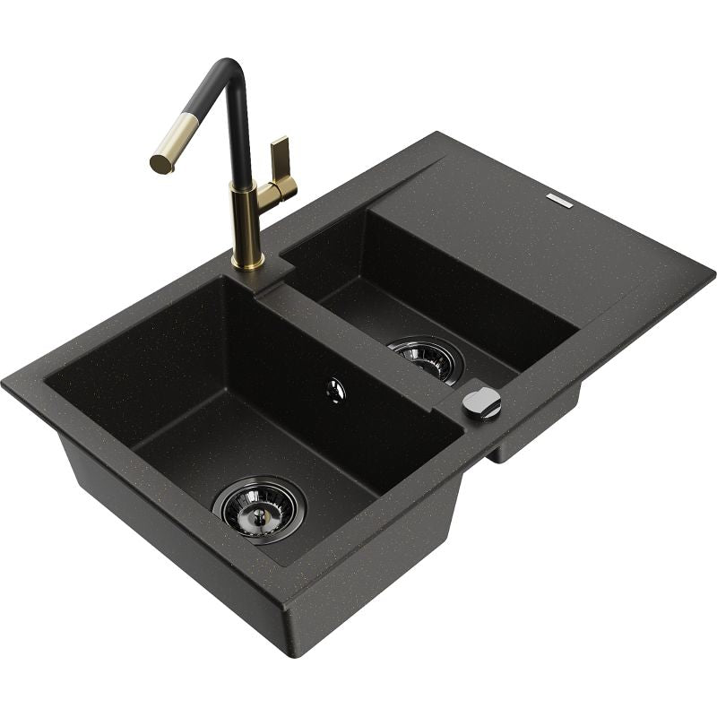 Granitsænke 1,5-kammer Mexen Gaspar med afløbsplade og Flora køkkenarmatur, sort/guld, 1 sæt