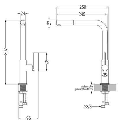 Granitsænke 1,5-kammer Mexen Gaspar med afløbsplade og Flora køkkenarmatur, sort/guld, 1 sæt