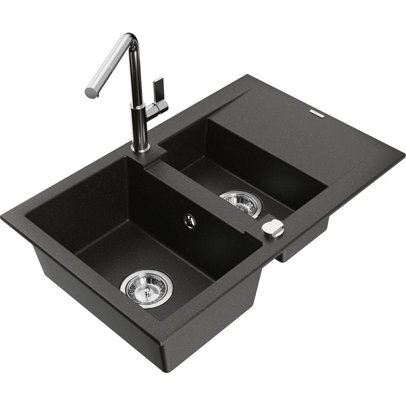 Granitsænke 1,5-kammer Mexen Gaspar med afløbsbakke og Flora køkkenarmatur, sort/guld metalik, 1 sæt