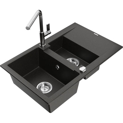 Granitsænke 1,5-kammer Mexen Gaspar med afløbsbakke og Flora køkkenarmatur, sort/guld metalik, 1 sæt