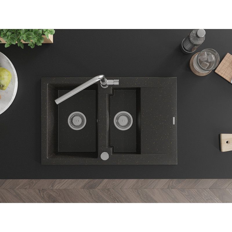 Granitsænke 1,5-kammer Mexen Gaspar med afløbsbakke og Flora køkkenarmatur, sort/guld metalik, 1 sæt