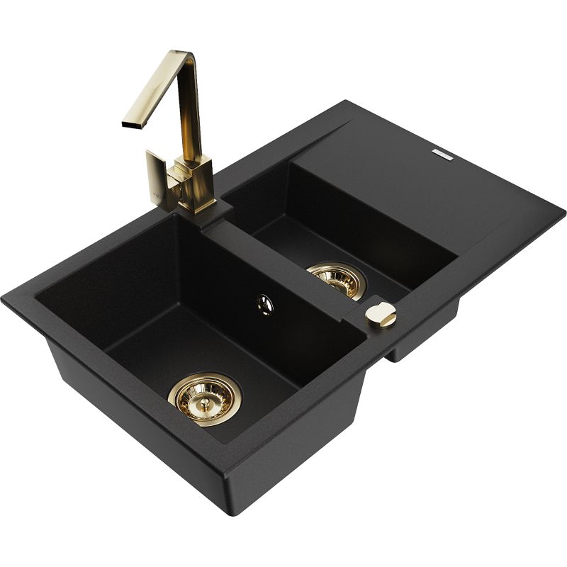 Mexen Gaspar granitsænke 1,5-kammer med afløbsbakke og Rita køkkenarmatur i sort 1 sæt