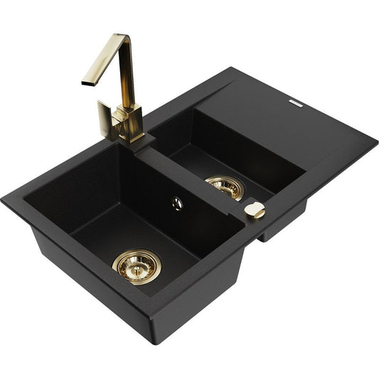 Mexen Gaspar granitsænke 1,5-kammer med afløbsbakke og Rita køkkenarmatur i sort 1 sæt