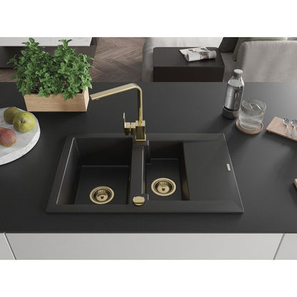 Mexen Gaspar granitsænke 1,5-kammer med afløbsbakke og Rita køkkenarmatur i sort 1 sæt