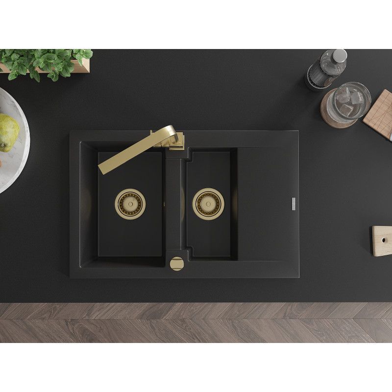 Mexen Gaspar granitsænke 1,5-kammer med afløbsbakke og Rita køkkenarmatur i sort 1 sæt
