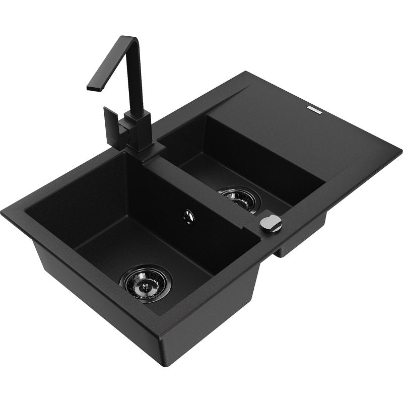 Granitsink 1,5-kammers Mexen Gaspar med afløbsplade og Rita køkkenarmatur i sort, 1 sæt