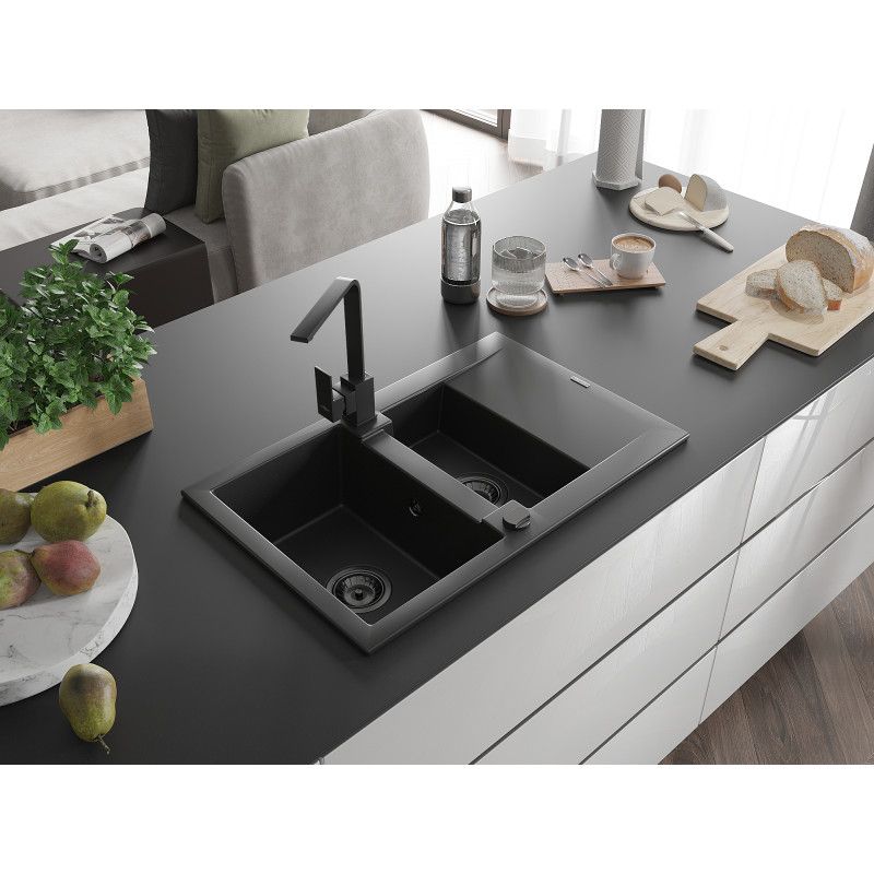 Granitsink 1,5-kammers Mexen Gaspar med afløbsplade og Rita køkkenarmatur i sort, 1 sæt