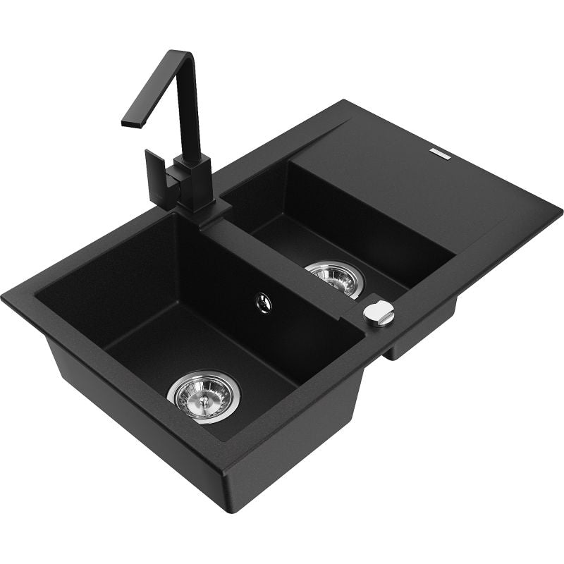 Granitsænke 1,5-kammer Mexen Gaspar med afløbsplade og Rita køkkenarmatur, sort, 1 sæt