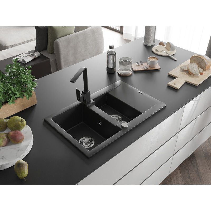 Granitsænke 1,5-kammer Mexen Gaspar med afløbsplade og Rita køkkenarmatur, sort, 1 sæt