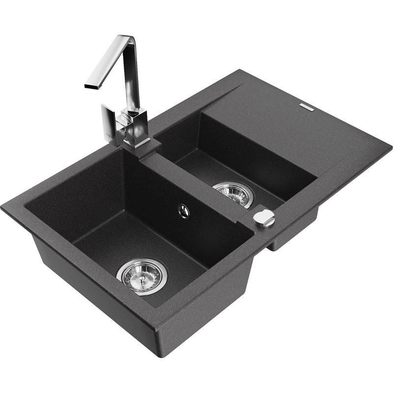 Granitsænke 1,5-kammer Mexen Gaspar med afløbsplade og Rita køkkenarmatur, sort med prikker, 1 sæt