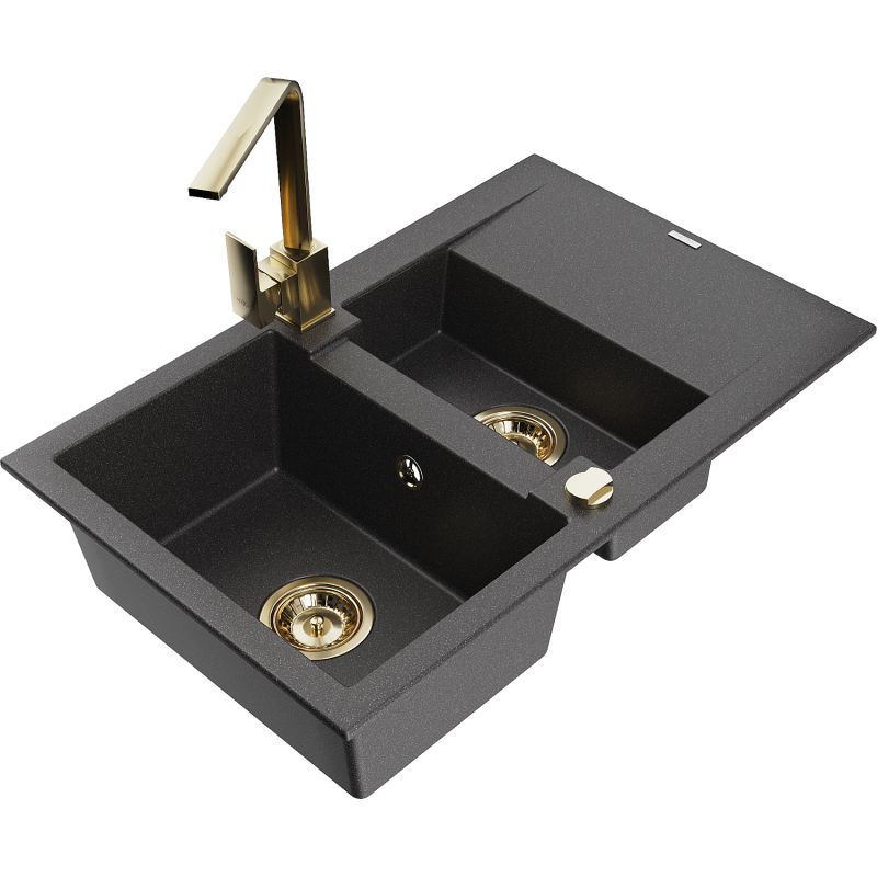 Granitsænke 1,5-kammer Mexen Gaspar med afløbsplade og Rita køkkenarmatur, sort med prikker, 1 sæt