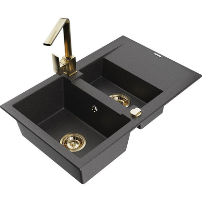 Granitsænke 1,5-kammer Mexen Gaspar med afløbsplade og Rita køkkenarmatur, sort med prikker, 1 sæt