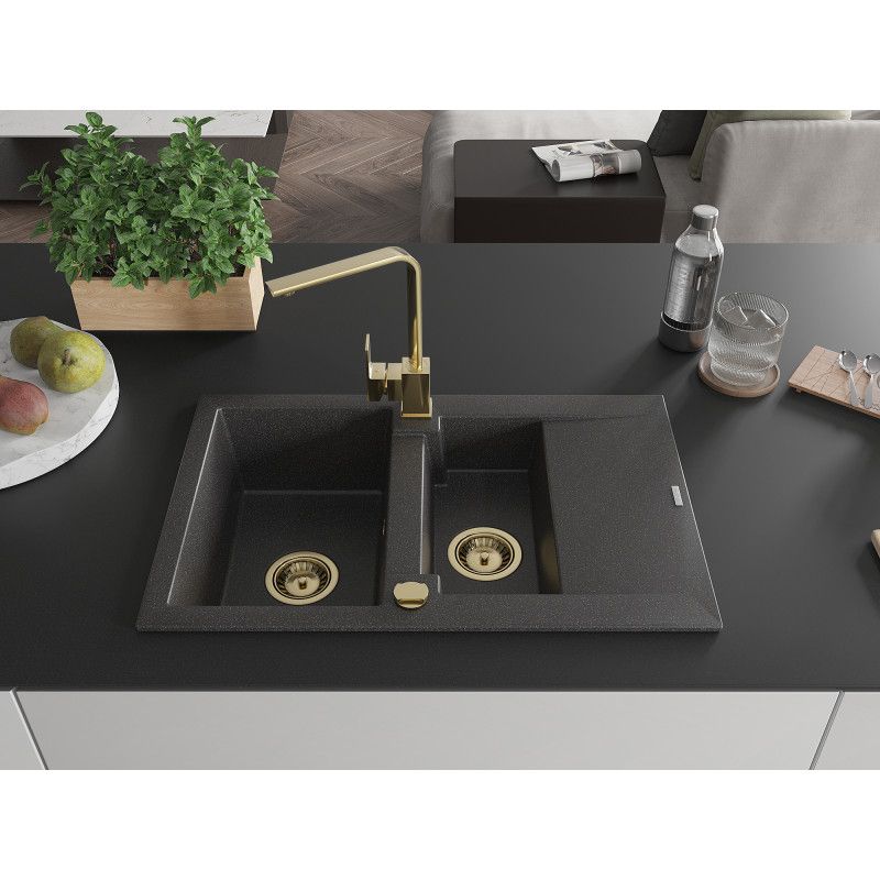 Granitsænke 1,5-kammer Mexen Gaspar med afløbsplade og Rita køkkenarmatur, sort med prikker, 1 sæt