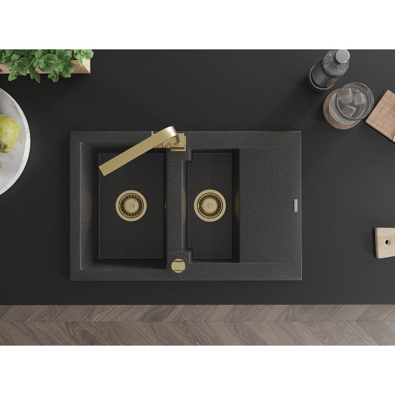Granitsænke 1,5-kammer Mexen Gaspar med afløbsplade og Rita køkkenarmatur, sort med prikker, 1 sæt