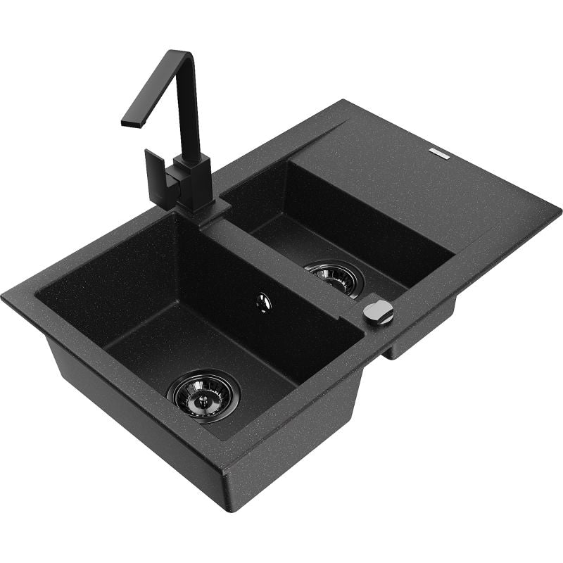 Granitsænke 1,5-kammer Mexen Gaspar med afløbsplade og køkkenarmatur Rita, sort/sølv, 1 sæt