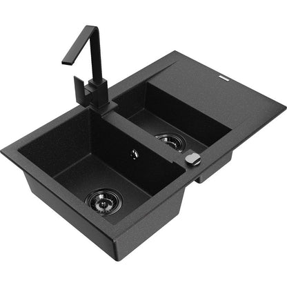 Granitsænke 1,5-kammer Mexen Gaspar med afløbsplade og køkkenarmatur Rita, sort/sølv, 1 sæt