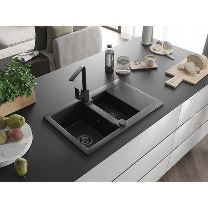 Granitsænke 1,5-kammer Mexen Gaspar med afløbsplade og køkkenarmatur Rita, sort/sølv, 1 sæt