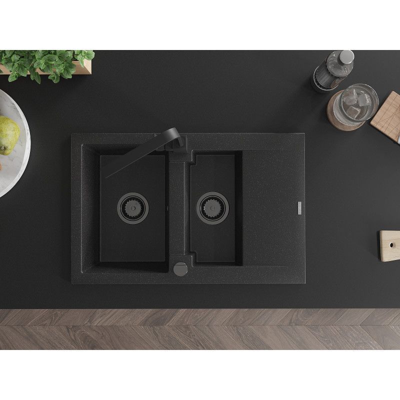 Granitsænke 1,5-kammer Mexen Gaspar med afløbsplade og køkkenarmatur Rita, sort/sølv, 1 sæt