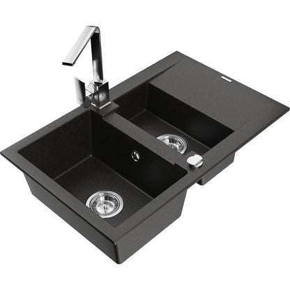 Granitsænke 1,5-kammer Mexen Gaspar med afløbsplade og køkkenarmatur Rita sort/guld 1 sæt