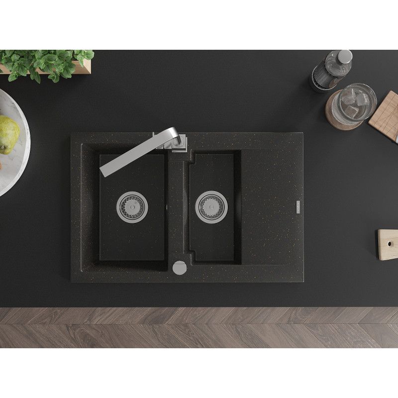 Granitsænke 1,5-kammer Mexen Gaspar med afløbsplade og køkkenarmatur Rita sort/guld 1 sæt