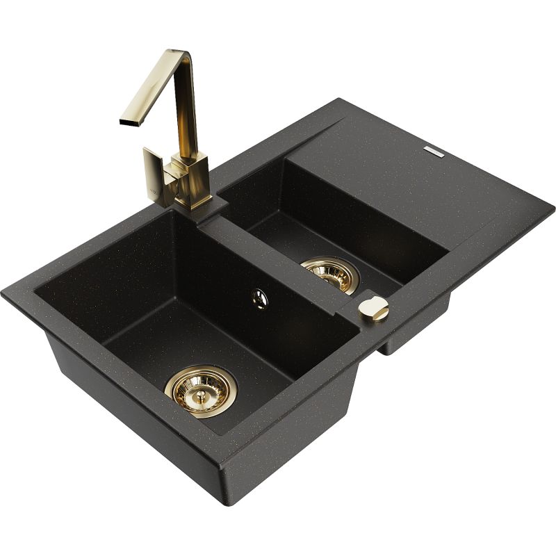 Granitsænke 1,5-kammers Mexen Gaspar med afløbsbakke og køkkenarmatur Rita sort/guld 1 sæt