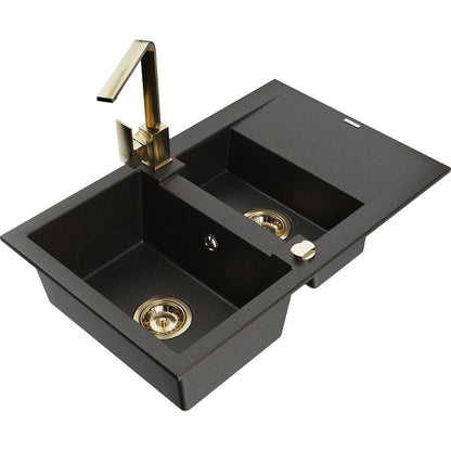 Granitsænke 1,5-kammers Mexen Gaspar med afløbsbakke og køkkenarmatur Rita sort/guld 1 sæt